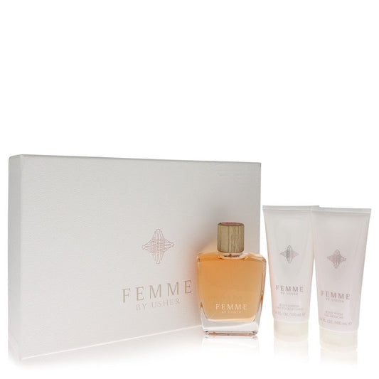 Usher Femme by Usher Gift Set -- 3.4 oz Eau De Parfum Spray + 3.4 oz Body Lotion + 3.4 oz Shower Gel (Women)